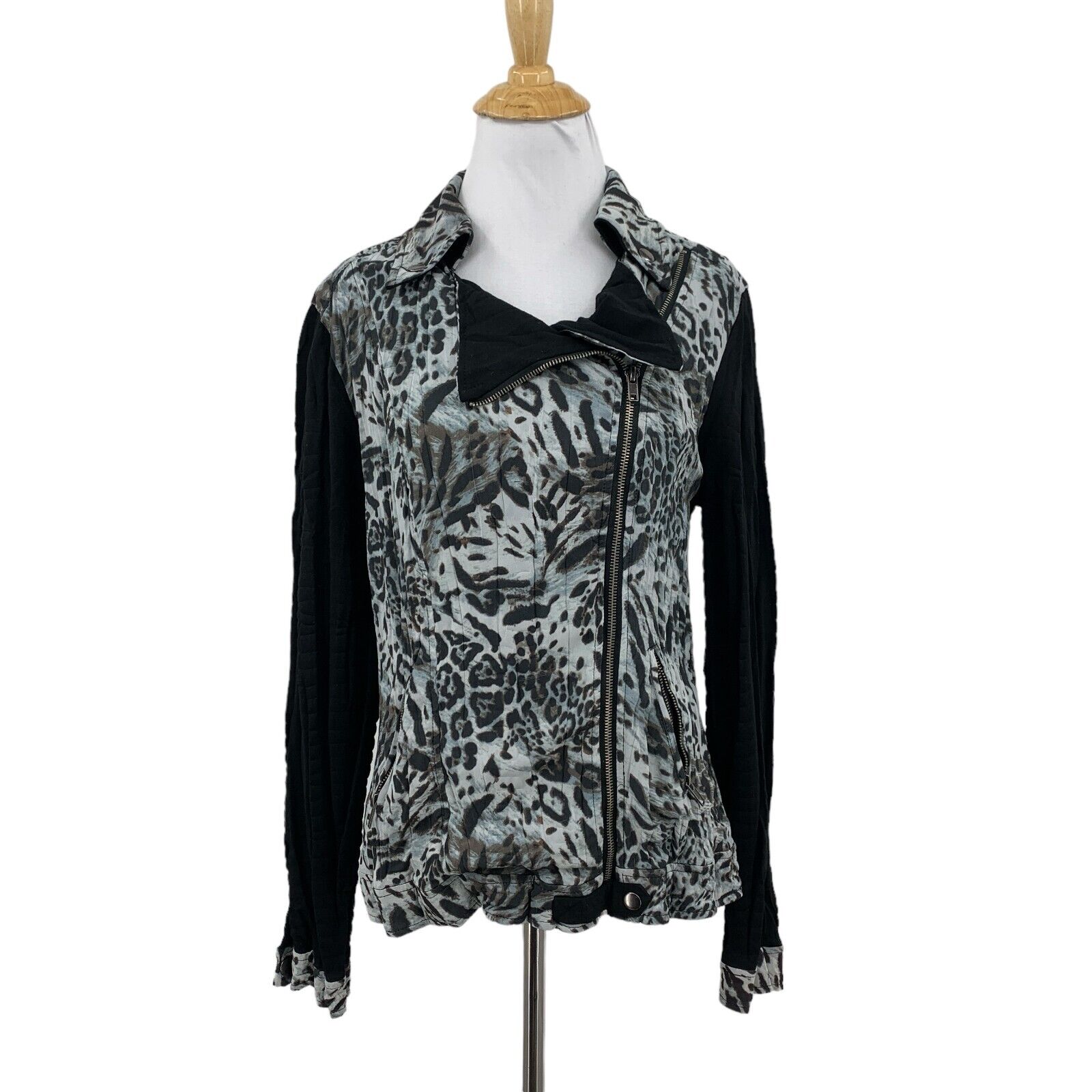 Alberto Makali Jacket Womens L Large Gray Animal Moto Zip Cinch Back Crinkle